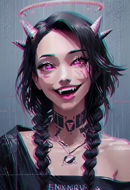 score_9, score_8_up, score_8, female, cel-shading, backlit, big eyes, cute eyes, delicate features, short hair, (braided hair), black hair, portrait, nsfw, smug, seductive eyes, horns, hologram halo, 0xYung, techwear, cyborg, cybernoir, heavy rain, rainrops, (((dark))), sexy, sensual glare, pink eyes, black sclera, tongue sticking out teasingly, big chest, lineless, flar color, toothy smile, fangs,