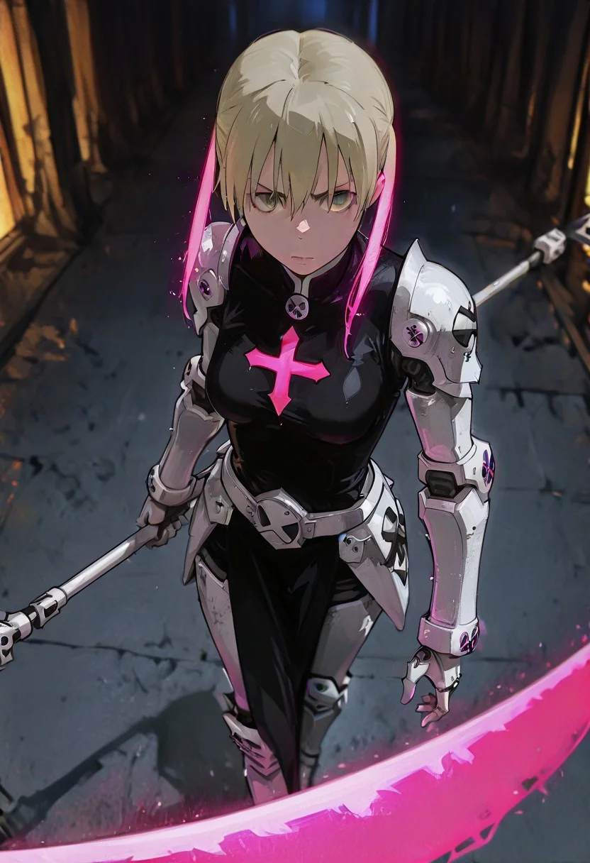 masterpiece, best quality, good quality, very aesthetic, absurdres, newest, 8K, depth of field, focused subject, in the style of cknc, artist:moriimee, in the style of cksc, BREAK, 1girl,maka albarn, green eyes, blonde hair, twintails, \(soul eater\), upturned eyes, 22 year old, silk blonde hair with pink highlights,stunning female sci-fi female angel, long bioluminescent glowing hair, bangs, medium perky breasts, templar armour with tabard emblazoned with a crusader cross, robot arms and joints, armour, greaves, vambraces, holding large glowing scythe sparking with energy, dynamic pose, ruined hell battle background with swirling motes of light, golden hour, directional lighting, viewed from above