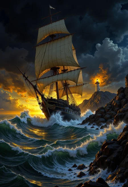 a stormy sea scene. The composition centers on a large, old-fashioned sailing ship battling turbulent waves, with its sails tattered and partially illuminated by the fiery glow of a lighthouse in the background. The lighthouse stands tall on a rocky outcrop, its light piercing through the dark, swirling storm clouds. The color palette is dominated by deep blues and grays, contrasted by the warm yellows and oranges of the lighthouse's light, creating a striking visual contrast. The waves are depicted with dynamic brushstrokes, emphasizing the chaos and power of the ocean. The overall mood is intense and foreboding, capturing the perilous nature of the sea during a storm.