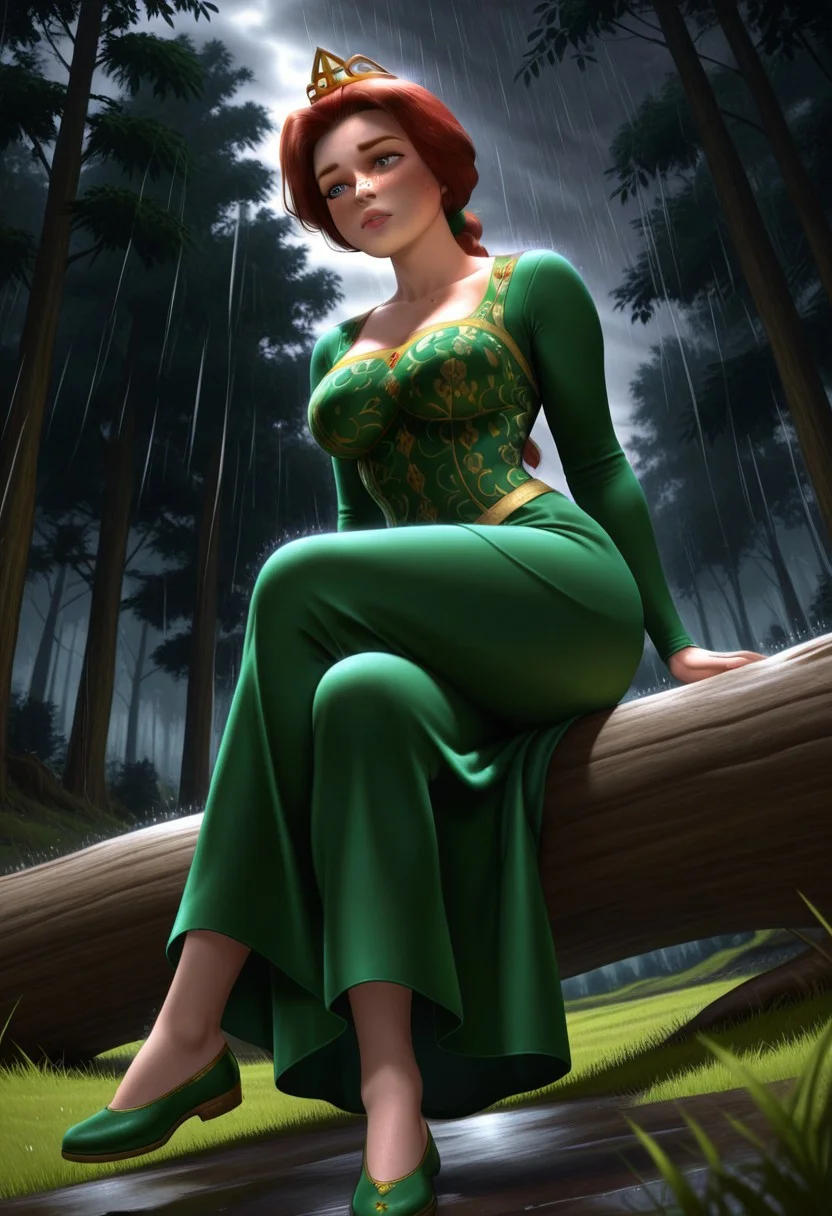 illustriouslogan,
solo, Princess Fiona, blue eyes, freckles, lips red hair, long hair, braided ponytail, green hair tie, crown, shrek 1 dress, green dress, long sleeves, green shoes, large breasts, sitting in tree trunk, crossed legs, from below, Outdoors, forest, trees, dark grey, rain, white lightnings, grassland, green floor