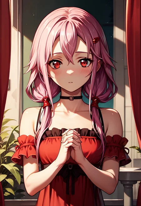 score_9_up, score_8_up, score_7_up, extreamly detailed, beautiful detailed face, complex detailed background, 1girl, BREAK, 
INORI YUZURIHA CHILDHOOD, long hair, looking at viewer, blush, hair ornament, red eyes, bare shoulders, twintails, pink hair, hairclip, holding hands, interlocked fingers