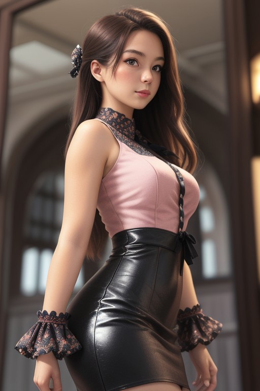 masterpiece, best quality, highly detailed,   female, reverse bunny outfit, low angle, blushing