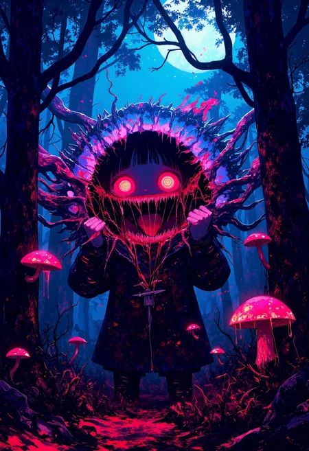 A surreal and haunting manga-style character portrait, set in a dark, misty forest illuminated by an eerie, full moon casting long, ominous shadows. The character, with a cute yet unsettling appearance, is depicted in a dynamic pose, their glowing red eyes contrasting with their innocent expression. They are shown dramatically peeling back their own skin like a fleshy, organic mask, revealing a shimmering, crystalline surface beneath adorned with faint, ethereal runes that glow with a soft, otherworldly light. Thin, fibrous strands of flesh stretch taut before tearing, creating a gory yet fascinatingly detailed scene. The organic flesh is rendered with hyper-realistic texture, glistening with blood and fluids. The composition is enhanced by dynamic paint splatter effects and bold, expressive brushstrokes, blending horror and anime aesthetics seamlessly. The background features haunting, subtle elements like twisted roots and glowing mushrooms, adding depth and mystery to the scene. The lighting is soft yet dramatic, with sharp contrasts between light and shadow, creating a striking visual tension., <lora:Soft_Pastels_Anime_-_FLUX:0.7> soft pastel anime,<lora:NLSTN-F:0.281> in a neon-lit NLSTN anime style, NLSTN, glowing, neon<lora:EnvyFluxKawaiiSticker01:0.529> chibi kawaii sticker,, <lora:HardCrashFlux:1.2> open mouth, horror, teeth, sharp teeth, smile, bangs, monochrome, tongue, tongue out, blood, <lora:FLUX-daubrez-DB4RZ:0.5> DB4RZ, DB4RZ style painting