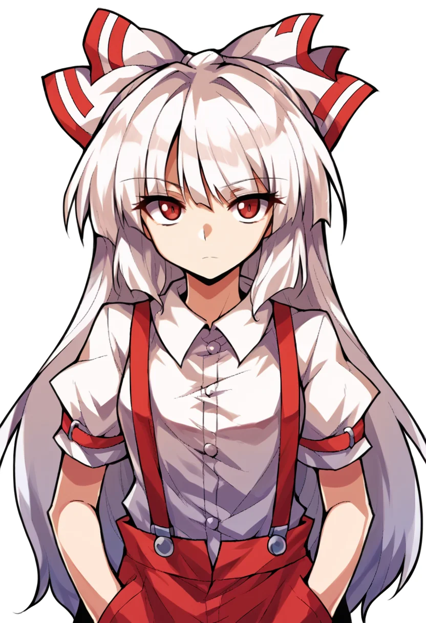 score_9, score_8_up, score_7_up, source_anime, BREAK, 1girl, solo, <lora:Alphes_Style:1> Alphes_Style, <lora:fujiwara_no_mokou:0.7> fujiwara no mokou, red eyes, white hair, long hair, white hair ribbon, hair ribbon, white shirt, suspenders, red pants, short sleeves, looking at viewer, emotionless, closed mouth, hands in pockets, simple background, white background