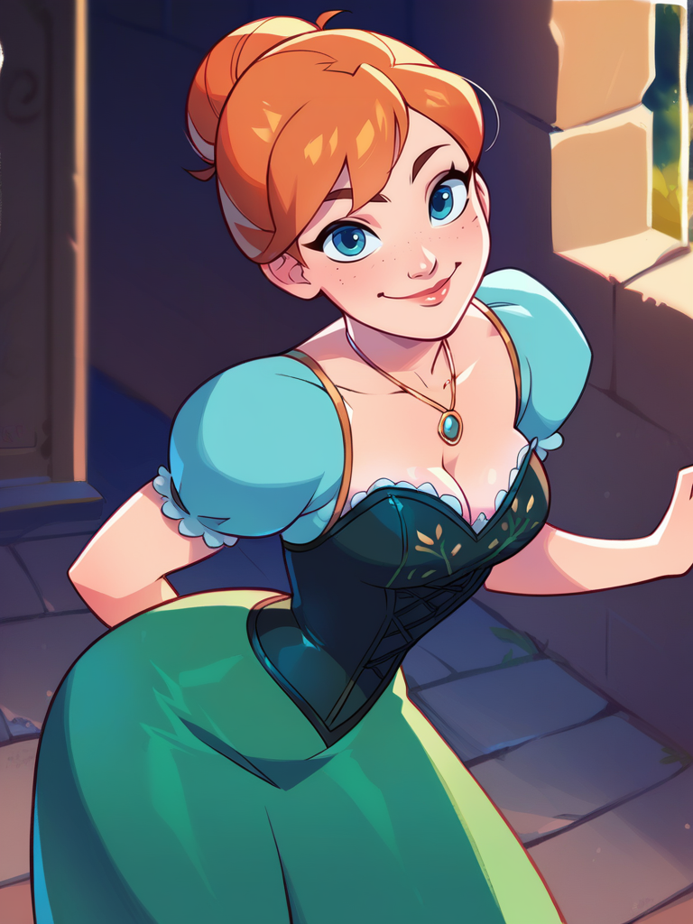 score_9, score_8_up, score_7_up, score_6_up, 1girl leaning forward, cute pose, green dress, long skirt, corset, hair bun, necklace, medium breasts, narrow waist, wide hips, thick thighs, looking at viewer, dynamic pose, smile, cute, solo, cowboy shot, realistic, cute, cartoon, from side, from above, village, castle,
 <lora:AnnaXLP_character:0.8>AnnaXLP  <lora:KajinmanLycoXL:0.8>