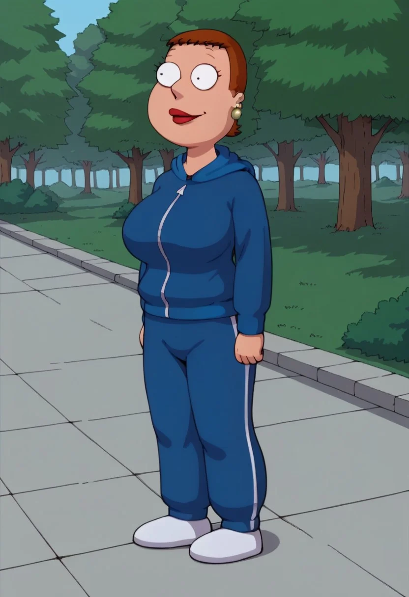 score_9_up, score_8_up, BREAK, high quality, Jennifer, 1girl, solo, brown hair, short hair, black eyes, derp eyes, lipstick, earrings, huge breasts, hips, thighs, hoodie, pants, white footwear, outdoors, forest