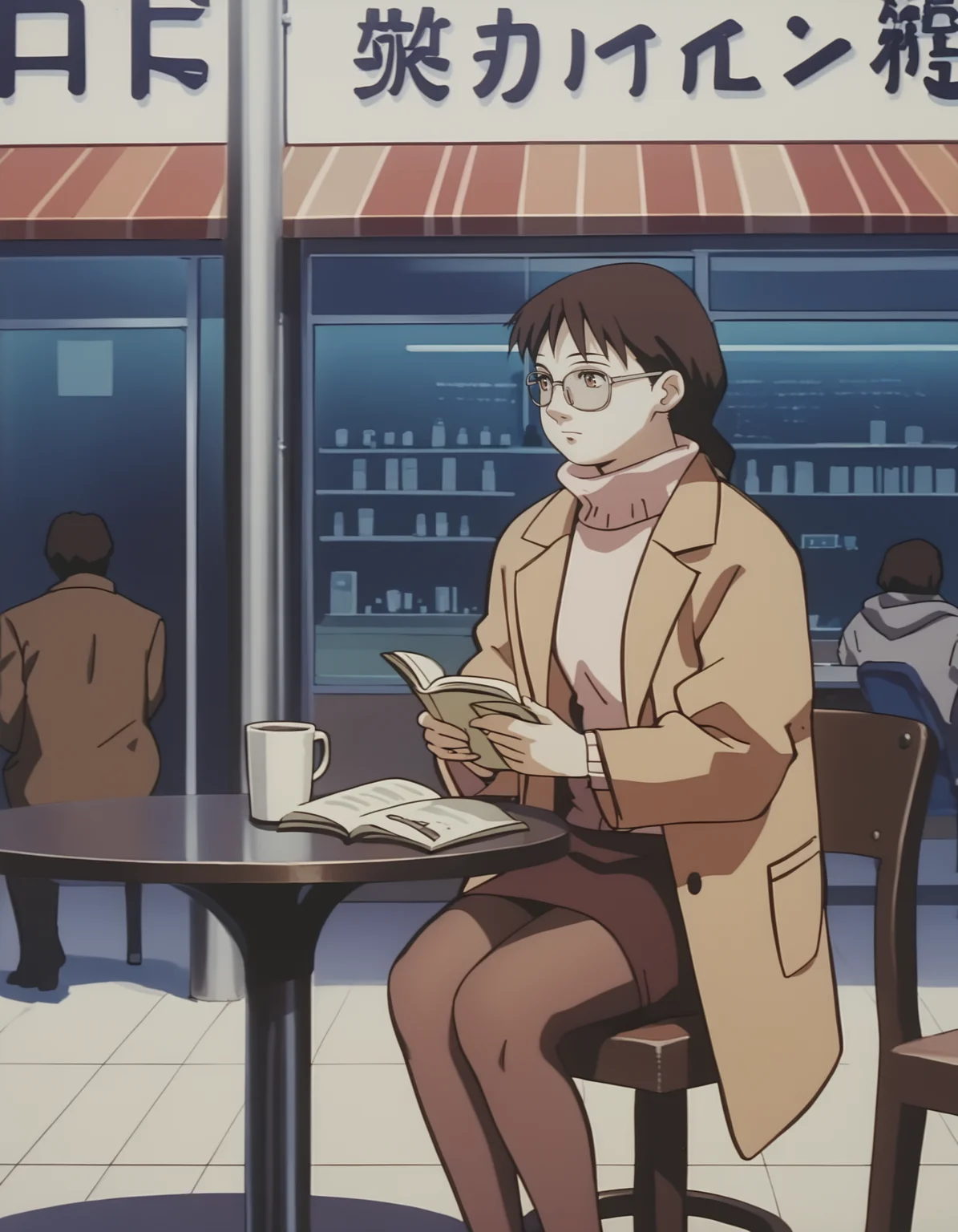 score_9, score_8_up, score_7_up, source_anime, <lora:boogiepop-2000-ponyxl:0.85> 1girl, suema kazuko, glasses, coat, turtleneck sweater, brown skirt, pantyhose, sitting, chair, studying, cafe