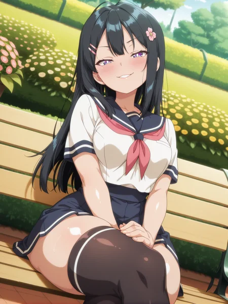 highres, hi res, best quality, masterpiece,, (anime coloring, anime screencap:1.1), shiny skin, TRexStyle,
girl sitting in a bench, hands on thighs, long black hair, school uniform, skirt, black thighhighs, cute hair ornament, bright pupils, blush, medium breasts, (narrow waist:1.1), wide hips, thick thighs, looking at viewer, cowboy shot, dynamic pose, wide shot, solo, sexually suggestive, naughty face, blush, dutch angle,, crossed legs, portrait, garden behind her, flowers,
<lora:ATRex_style-12V2Rev:1>