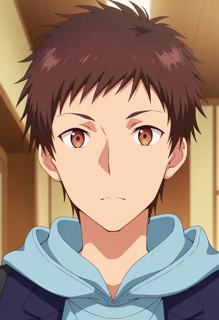masterpiece, best quality, amazing quality,high resolution, intricate details,official style,depth of field,anime coloring,anime screencap , , , 1boy, solo, male focus,  <lora:Takeda:0.83>,takeda,brown hair,short hair,brown eyes,looking at viewer,portrait,hoodie,blazer