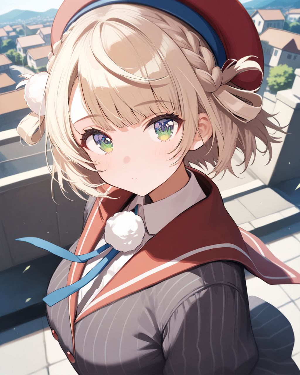 1girl,
ShigureUiVTuber,
safe, solo, dynamic angle, from side, from above,
hair rings, pom pom hair ornament,
beret,
beautiful eyes,
looking at viewer, 
side braid, shiny hair,
red sailor collar,
neck ribbon, 
vertical stripes,
striped jacket, large breasts,
puffy sleeves,
collared shirt,
town, wind, school yard,
depth of field,
<lora:kp_ShigureUiVTuber1stCostumeAnimagineXL_v1_0:1.0>,
masterpiece, high score, great score, absurdres