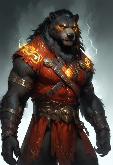score_9, score_8_up, score_7_up, (Volibear), (bearfolk), (werebear), (bear), simple stormy background, yellow glowing eyes, massive, hulking, male, 1man, solo, berserker outfit, barbarian outfit, red outfit, barbarian bone jewelry, , red wapaint, red runic tatoos, standing up straight, calm face, (black fur), black hair, long hair, closed mouth, cowboy shot