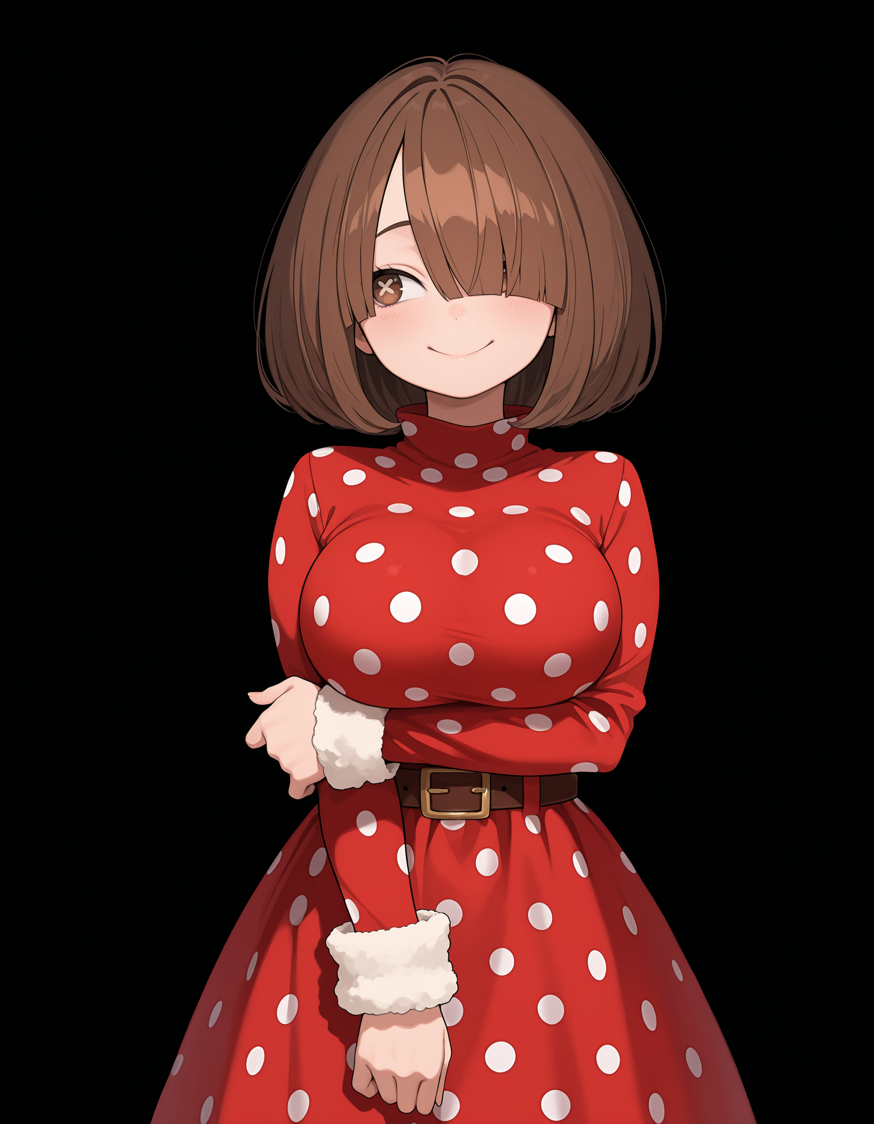<lora:Komori Kinoko - My Hero Academia (IllustriousXL):1>
1girl, solo,
kinok0, brown hair, brown eyes, x-shaped pupils, bob cut, hair over one eye, 
red dress, polka dot dress, long sleeves, fur-trimmed sleeves, belt, 
standing, looking to the side, 
large breasts, arms under breasts, 
straight-on, smile,, masterpiece, best quality, amazing quality,, (simple background, black background:1.1),