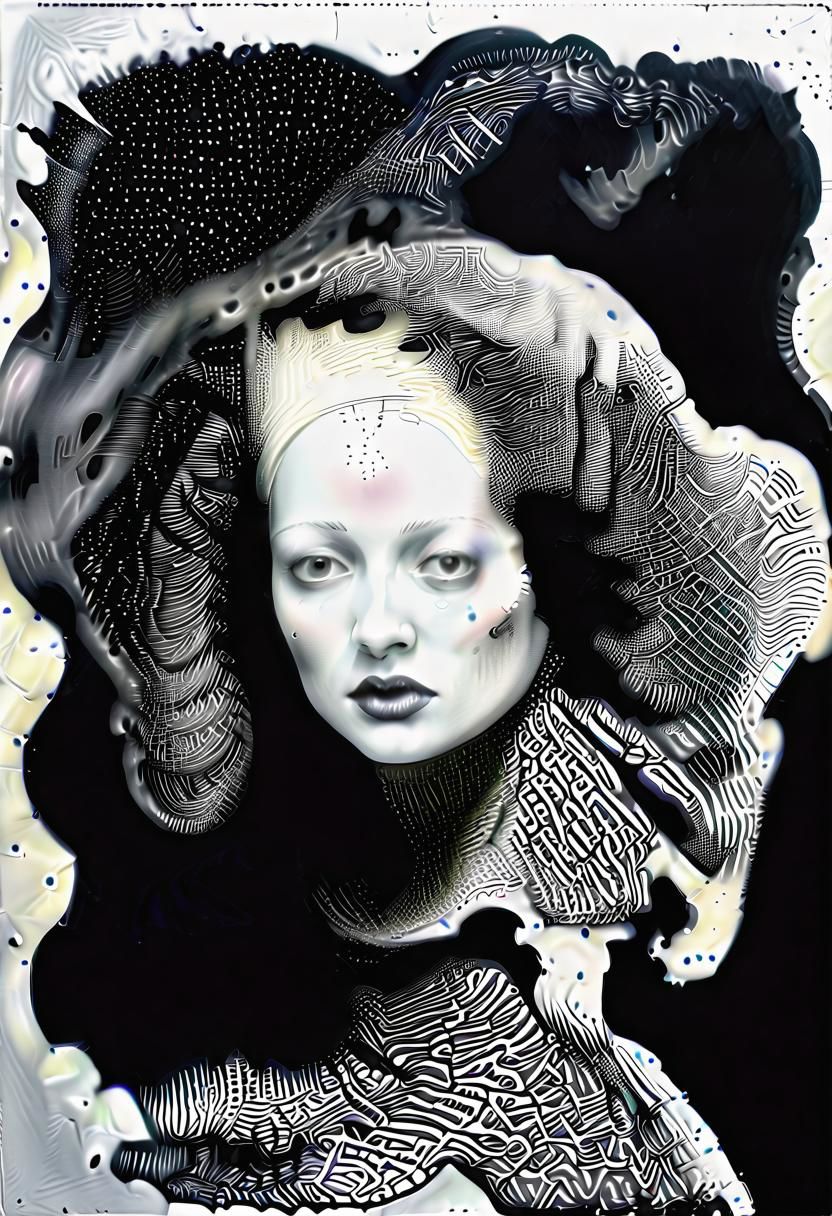 raw sketch of interwoven concrete cement pebbles cob cobblestone shell fishscales snakeskin, by Hans Bellmer, by Malevitch, by Kandinsky, Surreal psychedelic bizarre, psychedelic hallucination, pop surrealism, rough crosshatch drawing pop art Lunatic_Portrait of a young woman in latex Avant-garde Fashion page, slick back, low bun, black makeup, sinister expression, intense glare, (melting flesh covered in moss, rot, mold, bubbles, droplets:1.5), avant-garde, abstract, weird, geometric, constructivism, suprematism, rayonism, verticism, lineism, tj