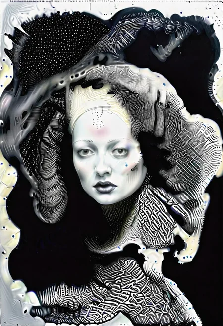 raw sketch of interwoven concrete cement pebbles cob cobblestone shell fishscales snakeskin, by Hans Bellmer, by Malevitch, by Kandinsky, Surreal psychedelic bizarre, psychedelic hallucination, pop surrealism, rough crosshatch drawing pop art Lunatic_Portrait of a young woman in latex Avant-garde Fashion page, slick back, low bun, black makeup, sinister expression, intense glare, (melting flesh covered in moss, rot, mold, bubbles, droplets:1.5), avant-garde, abstract, weird, geometric, constructivism, suprematism, rayonism, verticism, lineism, tj