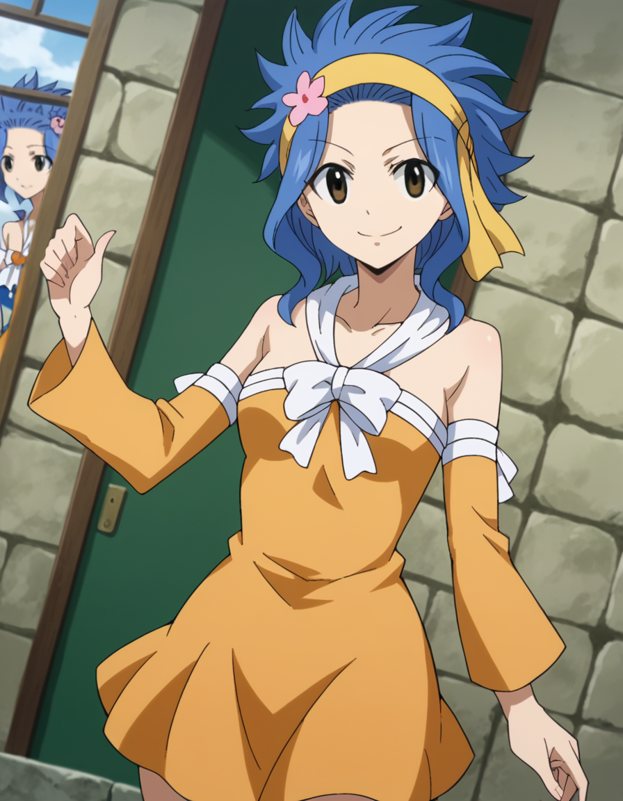score_9, score_8_up, score_7_up, source_anime,
levymcgarden, <lora:levy-mcgarden-s7-ponyxl-lora-nochekaiser:1>,
levy mcgarden, brown eyes, blue hair, short hair, sidelocks,
hair ornament, dress, bare shoulders, collarbone, flower, detached sleeves, hair flower, strapless, headband, short dress, strapless dress, orange dress,
indoors, landscape, smile,
looking at viewer, dutch angle, cowboy shot,