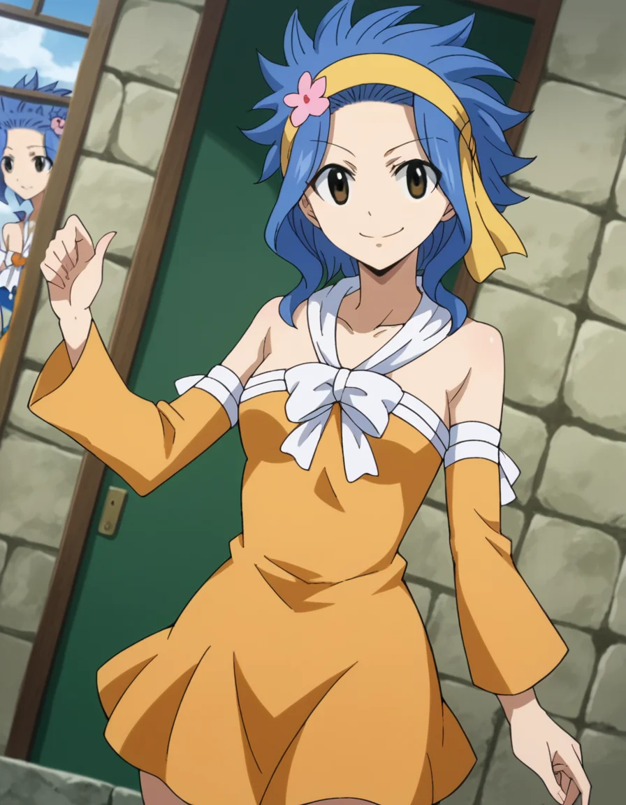 score_9, score_8_up, score_7_up, source_anime,
levymcgarden, <lora:levy-mcgarden-s7-ponyxl-lora-nochekaiser:1>,
levy mcgarden, brown eyes, blue hair, short hair, sidelocks,
hair ornament, dress, bare shoulders, collarbone, flower, detached sleeves, hair flower, strapless, headband, short dress, strapless dress, orange dress,
indoors, landscape, smile,
looking at viewer, dutch angle, cowboy shot,