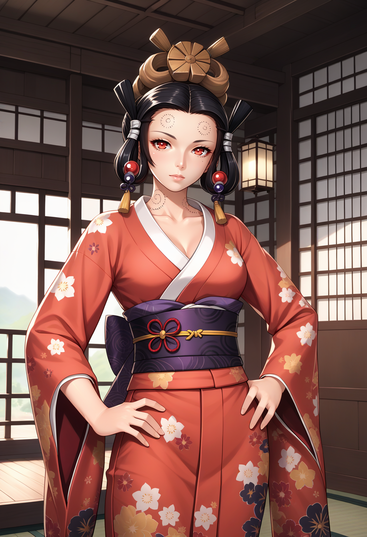 score_9, score_7_up, source_anime, 1girl, cowboy shot, looking at viewer, hand on own hip, <lora:zs_IzanamiNINEXL:1> izanamismt, black hair, hair ornament, red eyes, tattoo, medium breasts, collarbone, floral print, kimono, sash, wide sleeves, indoors, japanese architecture