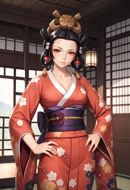 score_9, score_7_up, source_anime, 1girl, cowboy shot, looking at viewer, hand on own hip, <lora:zs_IzanamiNINEXL:1> izanamismt, black hair, hair ornament, red eyes, tattoo, medium breasts, collarbone, floral print, kimono, sash, wide sleeves, indoors, japanese architecture