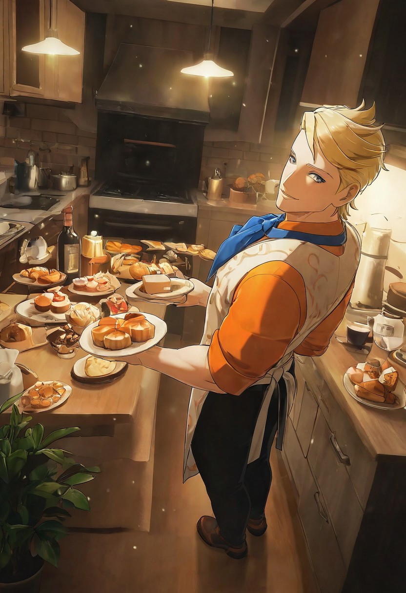 1boy, male focus, muscular, bunet,blonde hair,blue eyes,muscular male,manly,handsome, smile, cooking casual_outfit, orange shirt, shirt, neckerchief, blue neckerchief, white vest, vest, white apron, apron, black pants, shoes
BREAK
indoors, kitchen, kitchen counter, pastries, cakes, coffee table, donuts, drinks, plant, wine bottle, full room, lights,
BREAK
cinematic, dynamic pose, dynamic angle, natural lighting, bloom, subsurface scattering, volumetric lighting, close view, light particles, lively, bright room, from above, blue shadows, bright light illuminating from outside, full body, chiaroscuro, high contrast, dramatic lighting, very awa, masterpiece, best quality, absurdres, newest, perfect quality, detailed background, intricate details, (chiizu_namasu:0.8), (zhuowang233:0.8), (balnom:0.6) (aixiwuganda \(20222192\):0.8)