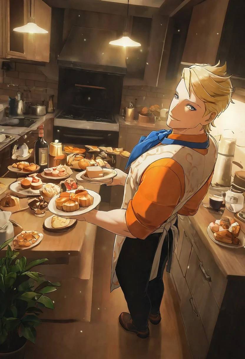 1boy, male focus, muscular, bunet,blonde hair,blue eyes,muscular male,manly,handsome, smile, cooking casual_outfit, orange shirt, shirt, neckerchief, blue neckerchief, white vest, vest, white apron, apron, black pants, shoes
BREAK
indoors, kitchen, kitchen counter, pastries, cakes, coffee table, donuts, drinks, plant, wine bottle, full room, lights,
BREAK
cinematic, dynamic pose, dynamic angle, natural lighting, bloom, subsurface scattering, volumetric lighting, close view, light particles, lively, bright room, from above, blue shadows, bright light illuminating from outside, full body, chiaroscuro, high contrast, dramatic lighting, very awa, masterpiece, best quality, absurdres, newest, perfect quality, detailed background, intricate details, (chiizu_namasu:0.8), (zhuowang233:0.8), (balnom:0.6) (aixiwuganda \(20222192\):0.8)