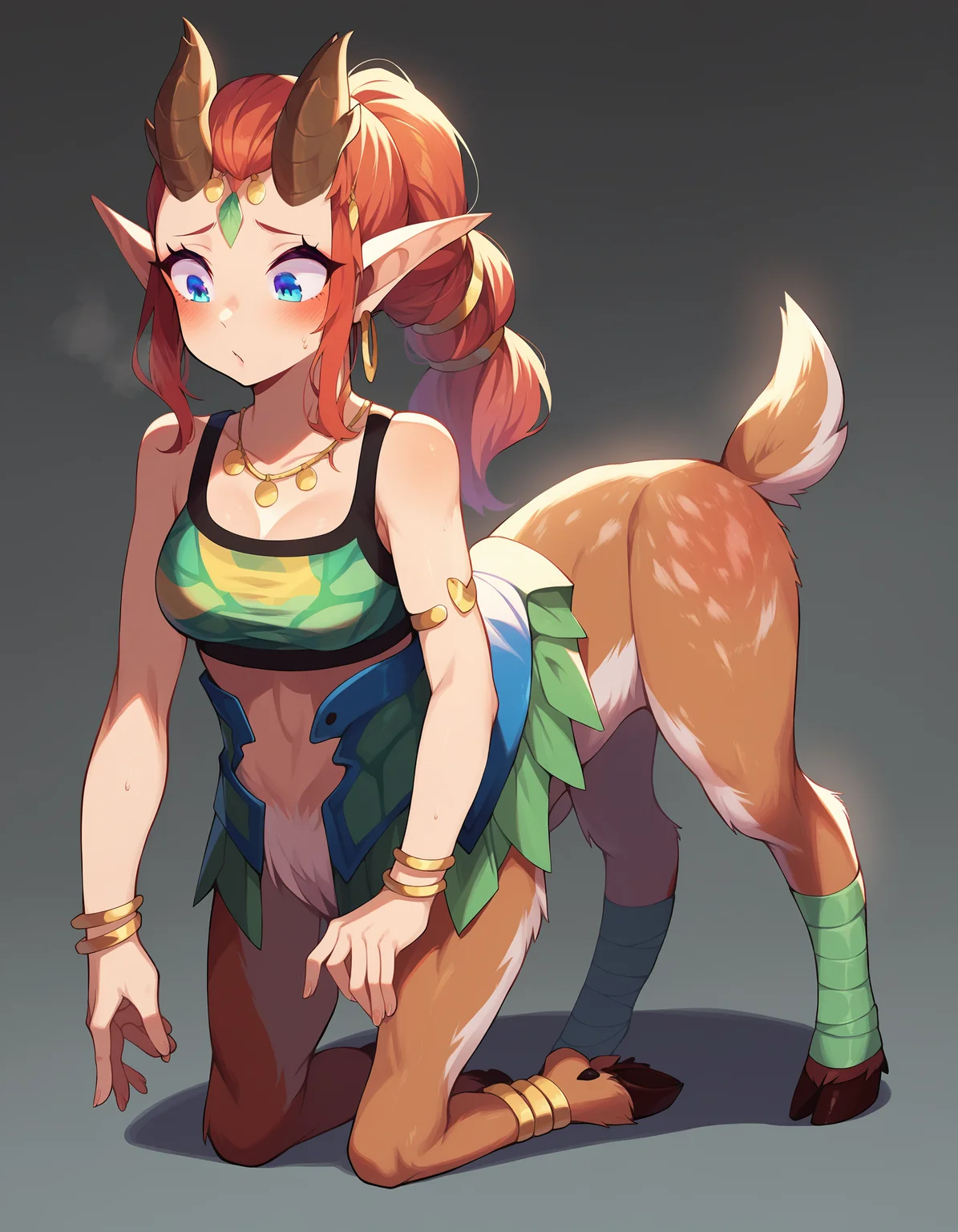 score_9, score_8_up, score_7_up, rating_explicit
BREAK,
1girl, Enchantress, centauroid, deer girl, horns, bustier, skirt, ponytail, earrings, tail,
leaning forward, jack-o' challenge, full body, front view, blush,
<lora:Enchantress_dota2_v1_ponyxl:1>,