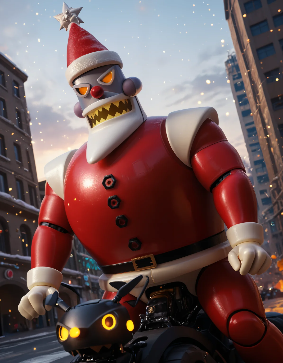 score_9, score_8_up, score_7_up, source_furry, rating_safe, SSAO, detailed, detailed shadows, ambient occlusion, cinematic lighting, particles, graffiti, ray tracing, reflections, decals, masterpiece, best quality, ultra realistic, detailed eyes, 4k, 2k, film photography, RAW photo, photorealistic, analog style, subsurface scattering, photorealism BREAK <lora:add-detail-xl:3.0>, <lora:sinfully_stylish_SDXL.safetensors:1.0>, <lora:AdvancedEnhancerXLv2.safetensors:1.0>, dutch angle, detailed eyes, (detailed background:1.2), (anthro, furry:1.15), <lora:Robot_Santa_Claus_Futurama.safetensors:0.8>, r0b0t_s4nta_c1aus, no humans, hat, pokemon (creature), white background, non-humanoid robot, santa hat, riding, teeth, simple background, fire, robot, sharp teeth, christmas, yellow eyes, dutch angle, bara