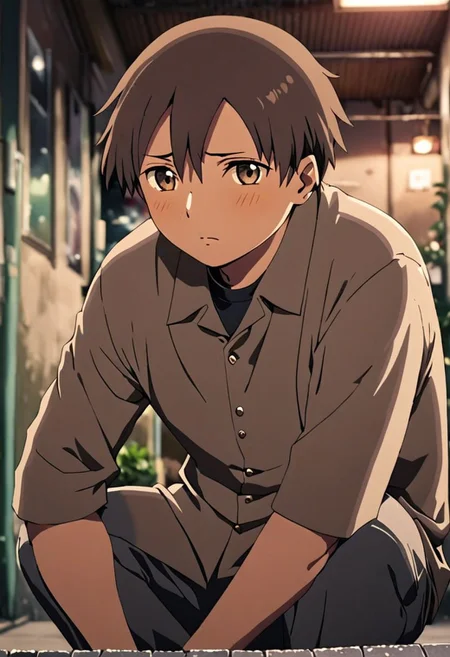 high resolution, solo, best quality, 1Boy, Takaki Toono, Brownish Hair, Brown Eyes, lofi, candid, squat, depth of field, photo model, looking at viewer, OverallDetail