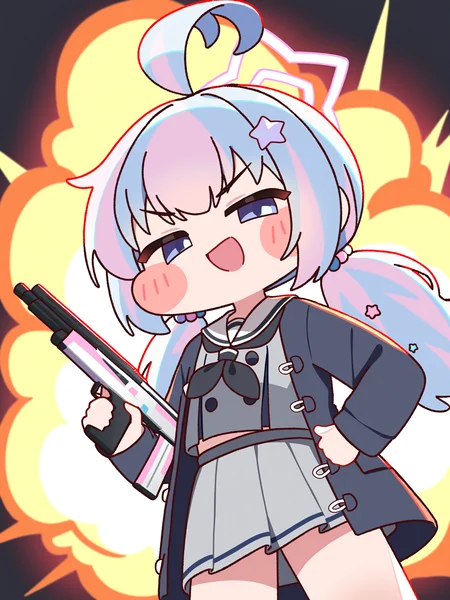 trickcalcg, ((chibi, blush stickers, blush)), blue archive, reisa \(blue archive\), 1girl, :d, ahoge, backlighting, black jacket, black neckerchief, blue eyes, blue hair, blush, buttons, cowboy shot, dutch angle, explosion, floating clothes, grey serafuku, grey shirt, grey skirt, gun, hair bobbles, hair ornament, halo, hand up, holding, holding gun, holding weapon, jacket, long hair, long sleeves, looking at viewer, low twintails, miniskirt, multicolored hair, neckerchief, open clothes, open jacket, open mouth, pink halo, pleated skirt, purple hair, sailor collar, school uniform, serafuku, shirt, shotgun, sidelocks, simple background, skirt, smile, smug, solo, standard manufacturing dp-12, star \(symbol\), star hair ornament, star halo, streaked hair, tareme, thumbs up, twintails, v-shaped eyebrows, weapon, white sailor collar, 
(masterpiece, best quality, absurdres, highres, newest:1.2), very awa, 