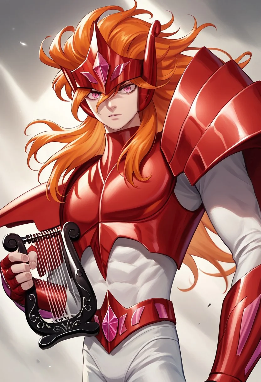 score_9, score_8_up, score_7_up, masterpiece, benetmime, long wavy orange hair, slender figure, red circlet, pink eyes, red armor, red pauldrons, white sleeves, red vambraces, red fingerless gloves, red belt, white pants, red greaves, holding harp, action pose, dynamic, (highly detailed:1.2), (intricate:1.2), (best quality:1.2),(8k:1.2), (sharp:1.2), (majestic:1.2), natural lighting, detail++,