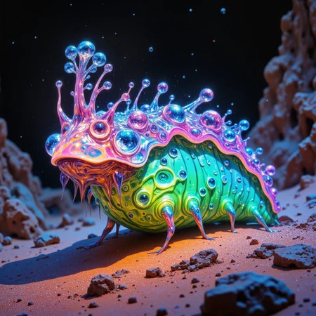 ethereal and outlandish scenery on a distant desert planet, ultra-high resolution, award-winning macro photo, short depth of field, dim lighting, at night, bioluminescence, subsurface scattering, fractal art, in the tourmentored and pre-eminent dunes of planet "curlyberry ii", the eldritch, tiny "happy-go-lucky snickerthorgle" with its xorbled colorful blossom-like appendages and long coiled appendages harvests moisture from the vassled air with delicate translucent membranes, that look like the sails of a ship, dry biome, dappled sunlight, creature focus, very aesthetic, extremely detailed, ultra high resolution, 8k, 4k, harmonising colors, peacock blue and ebony black and eggshell white and indigo purple and lime green, ovg, aidmafluxpro1.1, arsmoviestill, 80s fantasy movie still, <lora:flux_pro1.1_detailer-v0.3-flux-by_aidma:0.64> <lora:style-80s_fantasy_movie-v3-flux-by_arsmachina:0.8>
