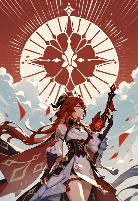 score_9, score_8_up, score_7_up, red sun style, many girls, genshin impact, holding weapons, monotonous color