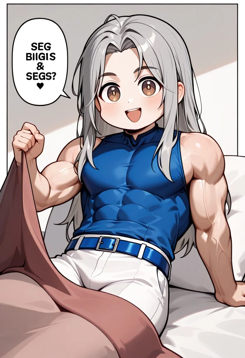 masterwork, masterpiece, best quality, hyper-detailed, 8k uhd, segs, chibi, open mouth, smile, english text, :d, looking at viewer, blanket, pillow, holding, jhun, 1boy, solo, muscular male, long hair, grey hair, brown eyes, blue shirt, sleeveless, white pants, blue belt