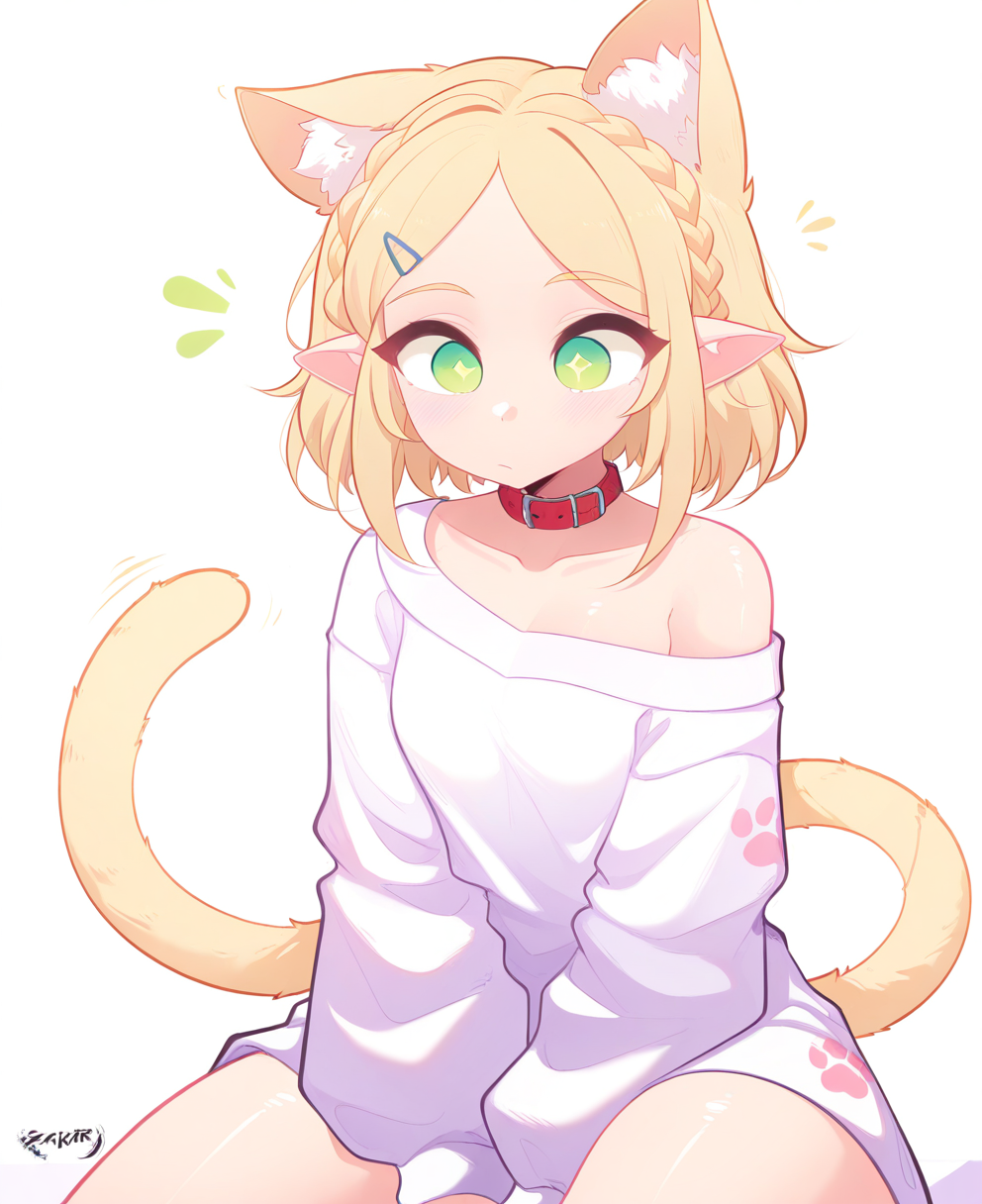 <lora:zackir7:1> zackir7,
(masterpiece), (best quality), (ultra-detailed), amazing quality, very aesthetic, illustration, perfect composition, intricate details, absurdres, incredibly absurdres, shiny skin, realistic,
 zackir7, 1girl, pointy ears, cat tail, animal ears, tail, solo, cat ears, blonde hair, white background, collar, braid, kemonomimi mode, simple background, , green eyes, hair ornament, collarbone, off shoulder, hairclip, paw print, long sleeves, red collar, sitting, animal ear fluff, parted bangs, short hair, shirt, sensitive