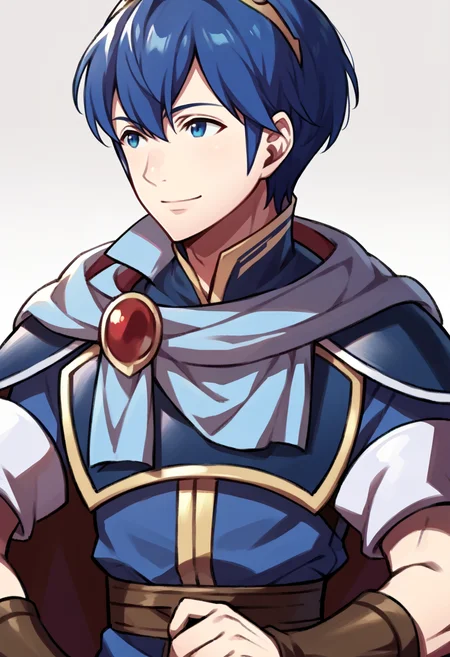 score_9, score_8_up, score_7_up, source_anime, BREAK solo, 1boy, <lora:zs_AwakeningPortraitsXL:1>, awakeningportraits, portraits, white background, <lora:Marth-pdxl_Fp:1>, marthfe, blue hair, blue eyes, short hair, tiara, blue tunic, armor, cape, smile