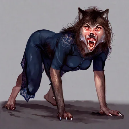 .1girl,24 years old,(transformation, species transformation:0.9) into (wolf), feral transformation, brown fur,(long brown hair, wavy hair), wolf snout, wolf teeth, ((fangs)), shocked,(realistic fur, hairy fur, wiry hair over body, thick fur covering body, detailed fur texture),claws,paws,large canine paws,navy blue dress,torn dress,frilly dress,lacy dress,long sleeves,knee length dress,full body shot,body horror,(((on all fours))),digitigrade,on the ground,realistic,small breasts,muscular,fluffy,big eyes,((human eyes)),animal pupils,cute eyes,yellow eyes,softly glowing eyes,furry ears,monstrous,furry cheeks,