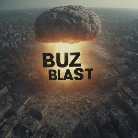 a nuclear explosion in middle of city, (((a text says "buzz blast"))), (text:1) text in center of blast, city and building destroyed, dust and smoke everywhere, (war scenatio:1), modern cinematic style, explosion, dramatic cinematic camera angle, close up, 4k, hd,