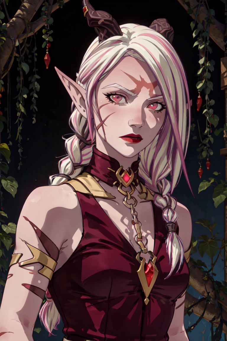 Bloodmoon Huntress, single braid, elf, horns, one broken horn, red background, blood floating around subject, red magic, dark room, (realistic:1.2), (masterpiece:1.2), (full-body-shot:1),(Cowboy-shot:1.2), dark romantic lighting, (highly detailed:1.2), (detailed face:1.2), (gradients), colorful, detailed eyes, (natural lighting:1.2), solo, <lora:add_detail:0.3> <lora:DragonPrince_BloodmoonHuntress-10:0.7> <lora:BeautifulEyes:0.3>