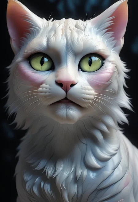 An extreme photorealistic upper body shot of a cat girl with mesmerizing golden eyes and slit pupils. She has long, flowing two-tone hair, white and black, with striking, unrealistic beauty. Her pink lips curve slightly to reveal sharp fangs, and her long fingernails are a key feature of her sleek cat suit. Include tiny imperfections like pores, faint freckles, and slight skin texture variations to add realism. Realistic lip texture with soft lines, slight gloss, and natural color variation. Realistically detailed tear ducts, slightly moist, enhancing the natural appearance of the eyes. Faint, barely visible veins under the eyes, adding depth and authenticity to the skin. Individually rendered eyebrow hairs with natural variation in direction, length, and thickness. Variation in hair strand thickness, with some thinner and finer than others. Detailed texture on the cat suit, showing the weave or material pattern, such as leather, spandex, or velvet. Shadows that move with the character, responding to her position and the light source accurately, 28 YEARS OLD, wrinkles, cat girl, crystal, gem, sparkle, YELLOW EYES, CAT EYES, denise, catgirl, Gothic castle, lively, luminescent, Majestic castle, big eyes.