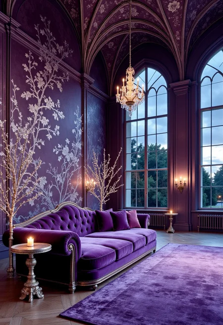 Amethyst & Silver Ballroom with Candlelit Glow
A cathedral-like ballroom with deep amethyst-colored walls, adorned with silver floral murals that shimmer subtly in the soft candlelight. The soaring ceilings feature crystal chandeliers dripping with silver chains, creating a mesmerizing interplay of light. A massive velvet sofa in rich plum and indigo hues is the centerpiece, surrounded by ornate silver side tables holding flickering candles. The floor-to-ceiling arched windows let in a faint, silvery-blue glow from the twilight sky, casting an almost dreamlike aura over the space.