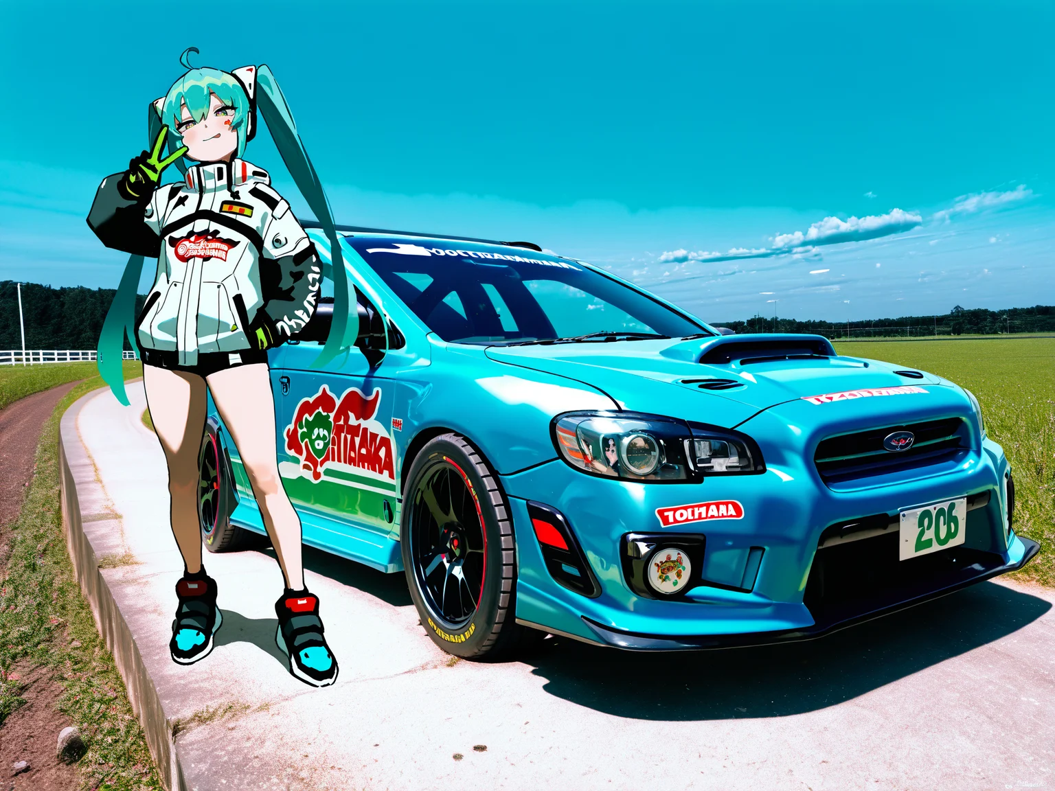 best quality, masterpiece, highres, very awa, photo \(medium\), outdoor, photo background, artist:kazane-wind, artist:waterkuma, (artist:dino \(dinoartforame\), sweetonedollar, 1=2:0.35) (itasha:1.3), racing miku, decal, sticker, sports car, 1girl, mixed media, looking at viewer, blue car, leaning on car, vehicle focus, female focus, smirk ,v, 1other, field, dirt road, scenery, standing, from below, TOYO, YOKOHAMA, straight line, subaru impreza, rally car, <lora:cars-and-girls-v2-illustrious:0.7>