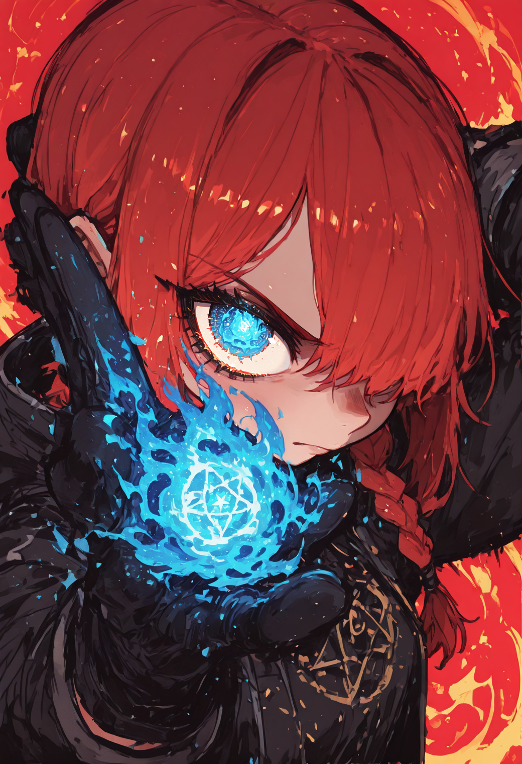 score_9, score_8_up, score_7_up, masterpiece, best quality, very aesthetic, detailed face, (dynamic:1.2), stylized, illustration, dynamic pose, (nsfw:1.2), girl, small nose, highres, absurdres,<lora:ck-shadow-circuit-IL:0.4> in the style of cksc, <lora:mon_monmon2133:0.2> <lora:Rapscallion_Illustrious:0.25> Rapscallionstyle, <lora:incoth:0.25> incoth, (incase:0.6), <lora:r17329_illu:0.35> r17329_illu, looking at viewer,  <lora:flatline_v2_-_Illus_x_Niji:0.35> Flatline, Flat vector illustration girl, anime girl,  fire, firestorm, blue flames, oxygen fire, angry, looking at viewer, shivering, cold, <lora:perspective:1> perspective, striking eye, blue eye, blue sparks, fiery, glowing eye, (close up:1.3), extremely detailed, detailed eyes, striking face, very zoomed in, zoom, only face, huge eyes, braided hair, hair over eye, red hair, close up, blue magic, face, hands behind head,  <lora:WeaponSpellBindIL:0.6> spell bind, pentagram eyeâââ