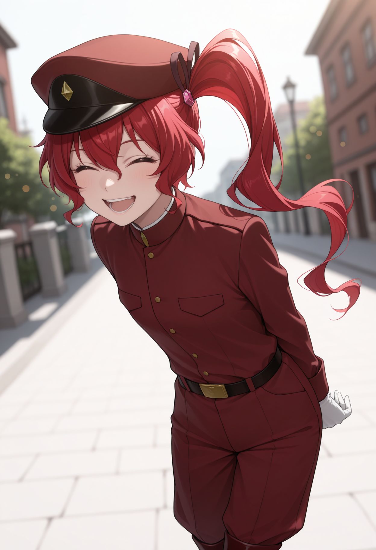 masterpiece,best quality,absurdres,highres,very aesthetic,high quality,detailed,insanely detailed,beautiful,perfect lighting, ,depth of field,blurry background,bokeh, looking at viewer, smile, 1girl, closed eyes, , smile, open mouth, white background, simple background
 <lora:Teruko Ôkura illu:1> 1girl, red hair, side ponytail, red eyes, long hair, military uniform, hat, white gloves, belt, red pants, boots,