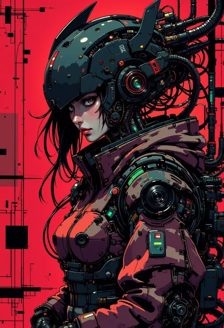 in the style of cknc, close-up shot of a dressed in futuristic hard surfaced dark sci-fi, slightly oval cross section look, battle scratched armor, a kimono, mysterious white skin mexican wabi-sabi mercenary battle droid humanoid woman with a lot of mechanical parts looking at the viewer, wielding a combat knife, 1800'S, - Bosmer hybrid, Scribe, equirectangular 360, Flirty expression, Romantic, whimsical, Fast Shutter Speed, Lomography Color 100, red and black palette,
highly detailed Mayhem style , background bizarre techno ghetto transmission, style minimalist, conceptual art posing Japanese, conceptual, illustration, cinematic, photo epic action, cinematic, award winning artwork, many details, patterned illumination, bad VHS tape image artifacts,
anime style, key visual, vibrant, studio anime, nistyle
<lora:ck-nc-pastel-cyberpunk:0.80> <lora:ck-Ivan-Beslic-Art-Style-000019:0.2>  <lora:ck-MetalGearSolid-000019:0.40>  <lora:m100-style_v.02:0.3>  <lora:test2:0.65>