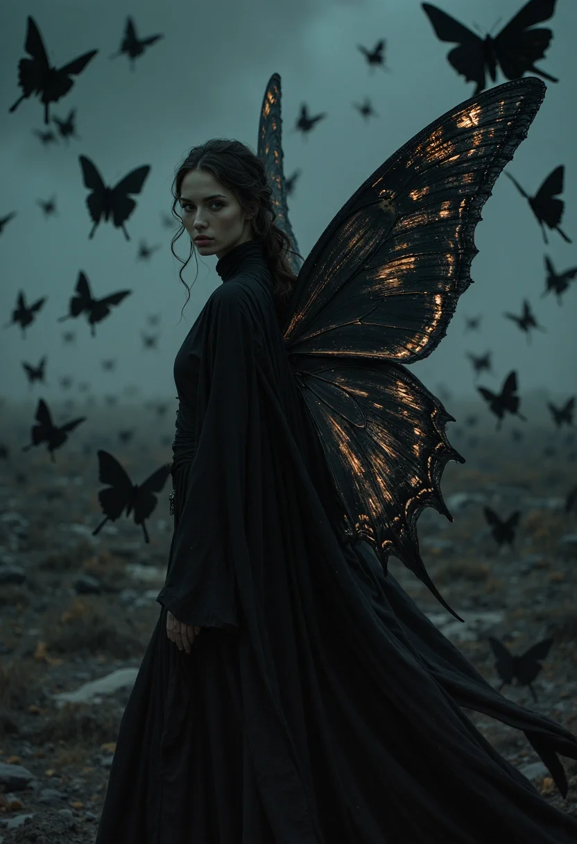 : A desolate wasteland, shrouded in perpetual twilight, where black, obsidian butterflies with razor-sharp wings flit through the air, their touch leaving trails of shimmering dust that dissolve anything they contact. A beautiful woman, dressed in flowing black robes, stands amidst the butterflies, her body untouched by their destructive dance, her eyes reflecting the eerie glow of their wings.