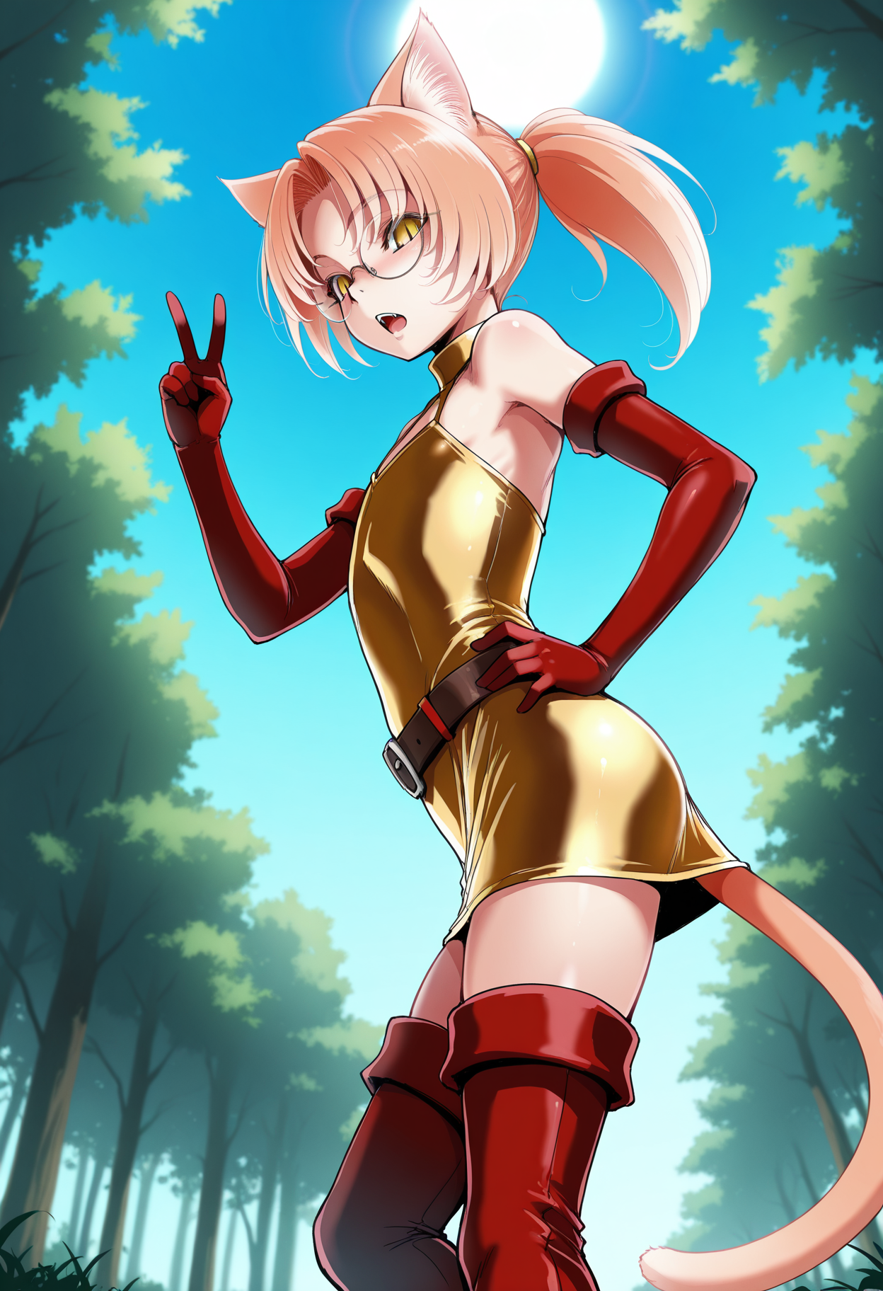1boy, trap, flat chest, skinny, light orange cat ears, light orange cat tail, ponytail, air_ bangs, (light orange hair), yellow eyes, slit pupils, round glasses,
solo, thighhighs, elbow gloves, bare shoulders, red gloves, golden dress, short dress, red over knee boots, belt,
open mouth, standing, side view, from below, looking at viewer, hand on hip, v,
forest,blue sky, sun,
masterpiece,best quality,amazing quality,
 <lora:DpcIL-style:1>, dpcstyle,