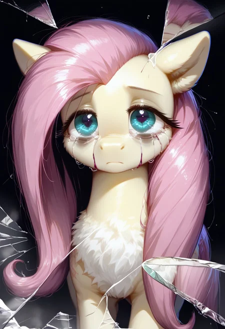rating_questionable, score_9, score_8_up, score_7_up, pony, feral, fluttershy, reflection, Broken glass, dark theme, moody, bags under eyes, depressed, purple blood, scars, charming eyes, small tears, detailed, realistic, BREAK, zPDXL3, MegaFluffyPony, fluffy, shiny,