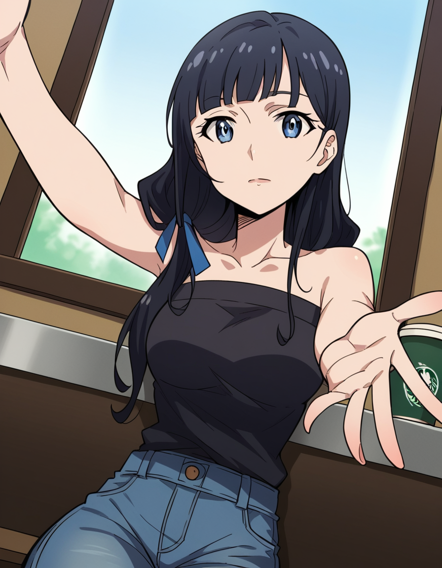 score_9, score_8_up, score_7_up, source_anime, <lora:mari-kurokawa-s1s2-ponyxl-lora-nochekaiser:1>, mari kurokawa, long hair, bangs, blue eyes, black hair, ribbon, hair ribbon, blue ribbon, hair over shoulder, medium breasts,, shirt, bare shoulders, collarbone, black shirt, strapless, pants, denim,, cafe, coffee cup, barista, sitting down, talking, relaxing, sunlight through window, , looking at viewer, on back, arm support, arms up, incoming hug, pov, reaching, reaching towards viewer,, solo,, cowboy shot, dutch angle