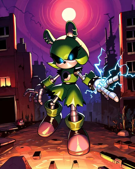 score_9, score_8_up, solo, Surge the tenrec, glowing eyes, black sclera, robot, metal skin, shiny skin, no mouth, outdoors, robot joints, night, (dark lighting), (horror theme), apocalyptic, electricity manipulation <lora:Robotization_Pony:0.7>, score_9, score_8_up,