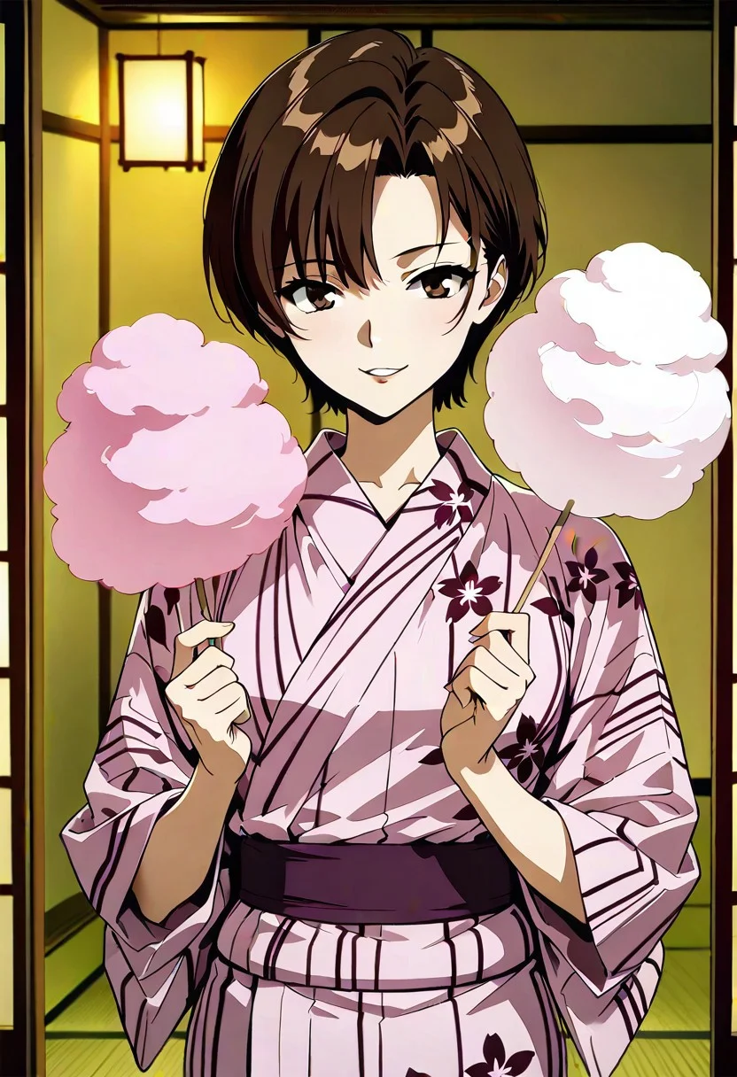 Masterpiece, 8k, aesthetic, beautiful eyes, beautiful hair, beautiful skin, soft lighting, soft shadow, ,simple background, Maya Ibuki, , brown eyes, dark-brown hair, asymmetrical bangs, short hair, frown , pink yukata, small breast, , (undercut hair:0.7) , parted lips, indoors, smiling, cotton candy,