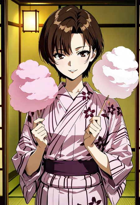 Masterpiece, 8k, aesthetic, beautiful eyes, beautiful hair, beautiful skin, soft lighting, soft shadow, ,simple background, Maya Ibuki, , brown eyes, dark-brown hair, asymmetrical bangs, short hair, frown , pink yukata, small breast, , (undercut hair:0.7) , parted lips, indoors, smiling, cotton candy,